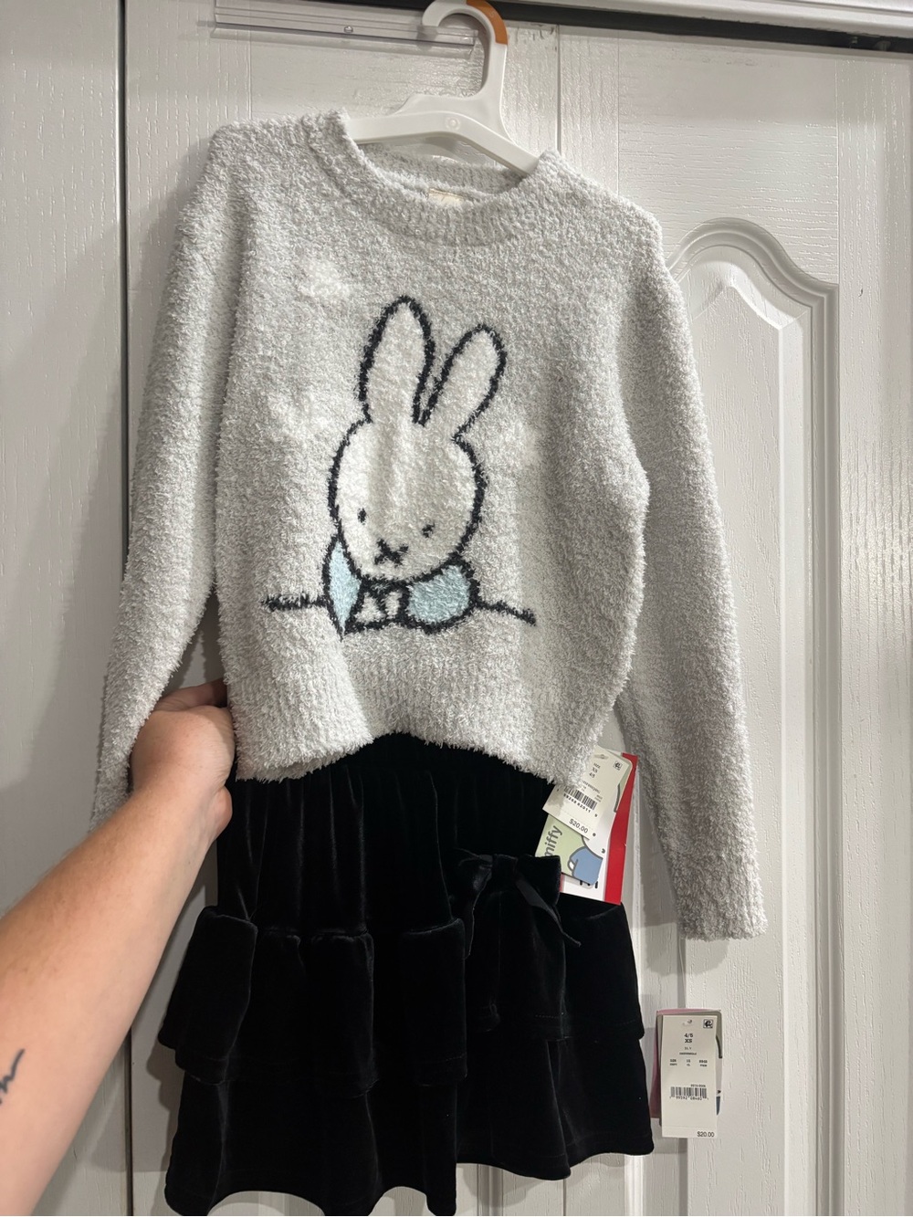 miffy white fuzzy sweater and black skirt set